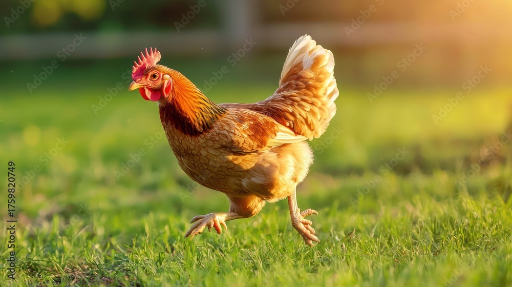Fototapeta premium A chicken walking on a grassy field with a blurred background.