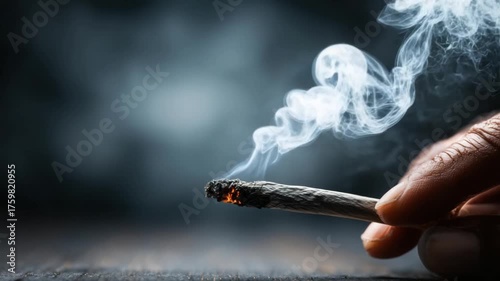 A lit joint held in fingers, producing smoke, against a dark background
