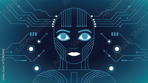Blue circuit board robot face with glowing eyes artificial intelligence