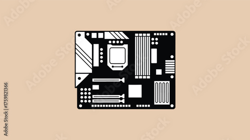 Black computer motherboard schematic on beige background