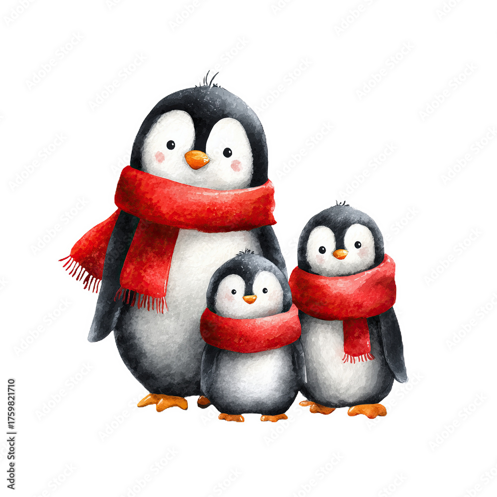 Fototapeta premium Three adorable penguins standing together wearing bright red scarves in a charming watercolor style