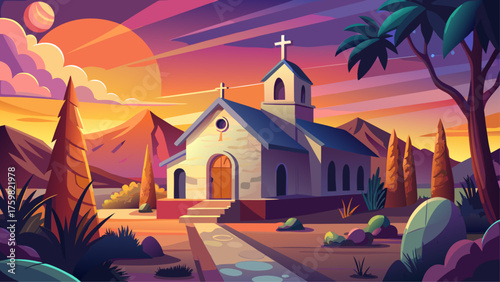 Very beautiful mission church in Arizona glowing warmly at dusk, surrounded by peaceful desert scenery and a colorful evening sky, symbolizing timeless tranquility and Southwestern charm.