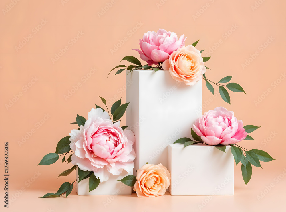 Fototapeta premium Various colorful flower arrangements with white rectangular 3D product display podiums and geometric shapes on a light peach background