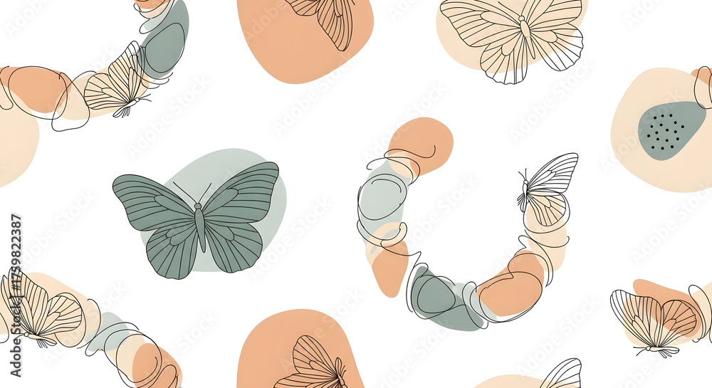 a seamless pattern that depicts the life cycle of a butterfly in an abstract way, with a minimalist style and pastel colors