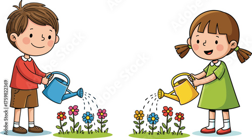 Cartoon children watering flowers with cans, outdoor gardening activity, teamwork, nature care, educational illustration, vector art for environment, responsibility, and childhood fun