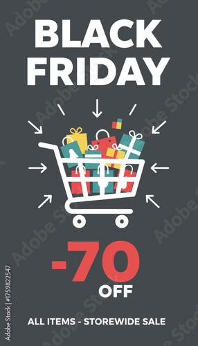 Black Friday graphic shopping cart brimming with gifts and 70 OFF for storewide sale