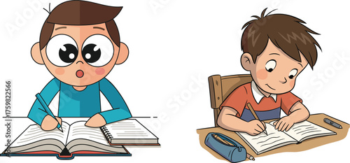 Cartoon children writing in books, school desk study scene, educational activity, classroom learning, homework, kids focused on academic tasks, vector illustration