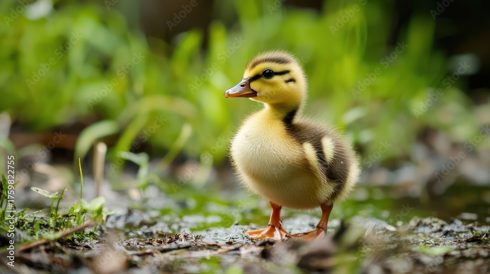 Obraz premium A yellow and black duckling standing on a wet ground with green grass in the background.