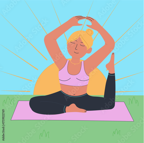 Blonde girl sits in yoga asana, meditates, in tights, eyes closed, on a mat, in a clearing, green grass, sunrise, dawn, practice