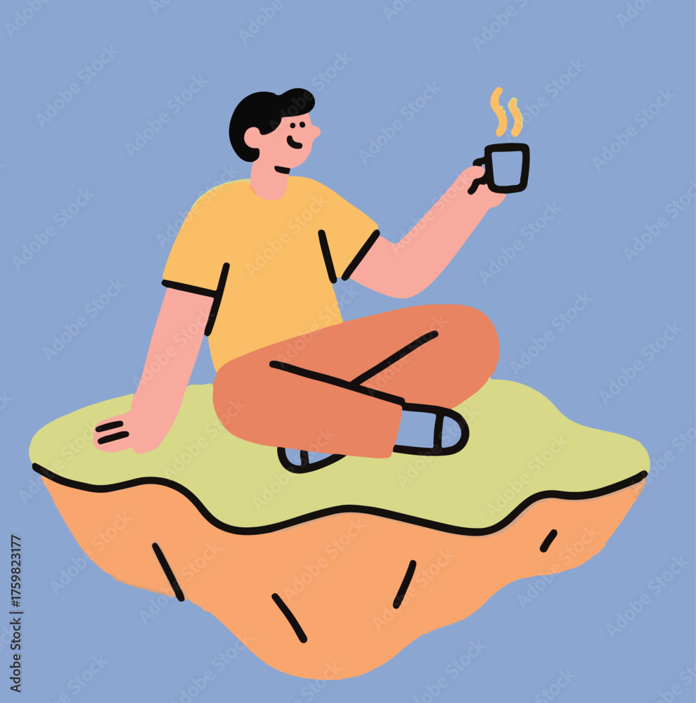 Fototapeta premium -A person sitting on a floating island hold cup of coffe.eps
