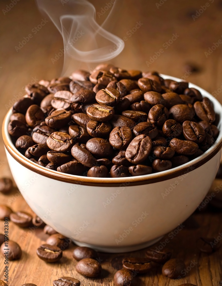 Fototapeta premium Close-up shot of a ceramic bowl overflowing with roasted coffee beans, steam rising, set on wood