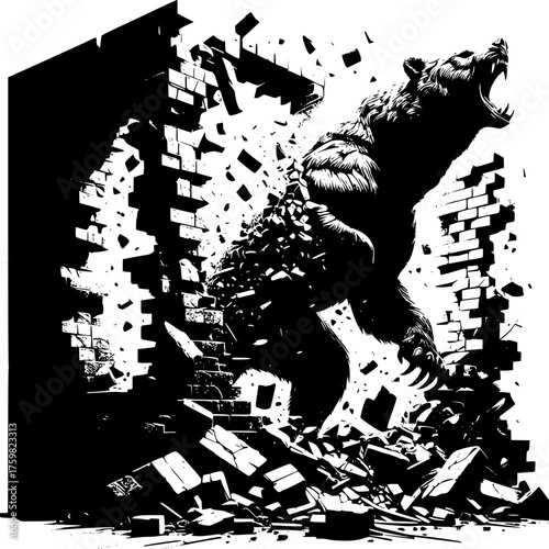 Rampaging Bear: A powerful illustration depicts a bear fiercely breaking through a brick wall, embodying strength, destruction, and untamed wildness.