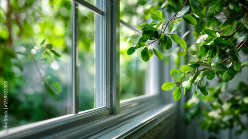 Fresh green leaves near white window frame in soft natural light