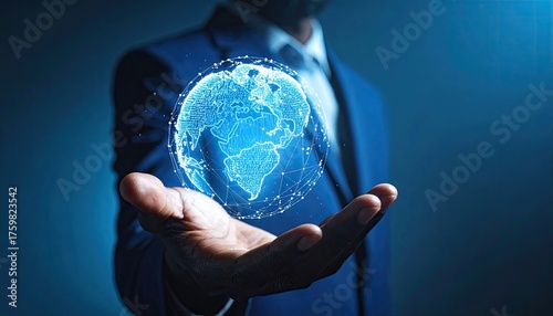 Businessman in a dark blue suit holding a glowing blue digital globe hologram with his open palm against a dark blue bokeh background with subtle light effects