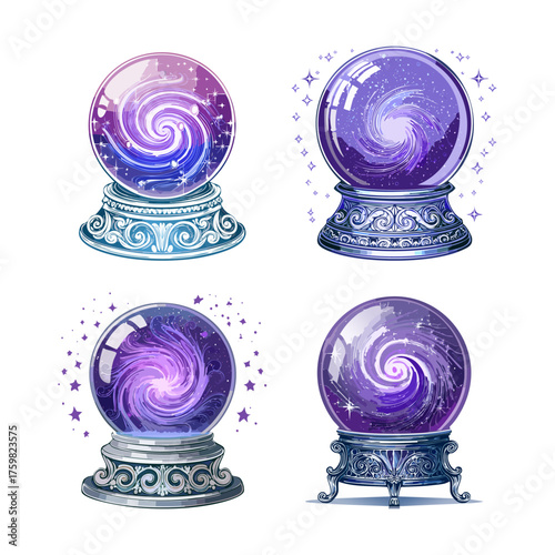 Four magical crystal balls with swirling purple and blue galaxy patterns on ornate stands, depicted in an illustrative style.