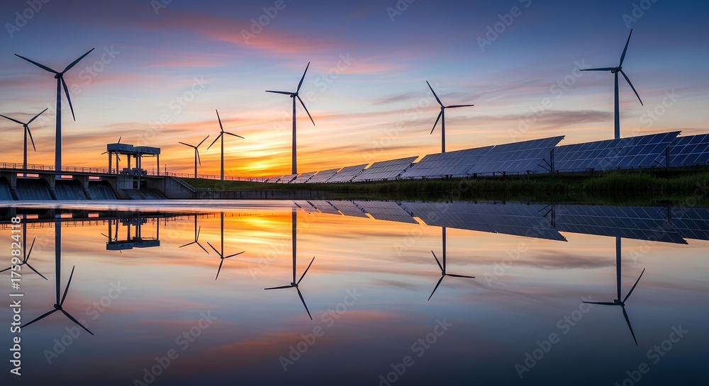 Obraz premium Wind Turbines and Solar Panels Reflecting in Water at Sunset