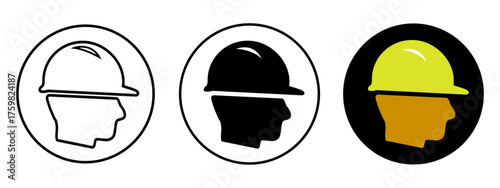 Man wearing hard hat icon for architect, civil engineer and industrial workers. Men at work symbol. Protective helmet vector illustration for workplace safety with ISO, OSHA norms. [Isolated]
