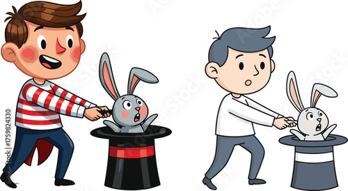 Cartoon people performing rabbit magic trick, magician hats, playful expressions, vector illustration for fantasy, entertainment, illusion, humor and design