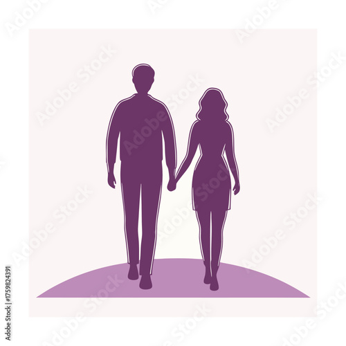 Silhouette of a couple holding hands walking together on a purple hill vector illustration