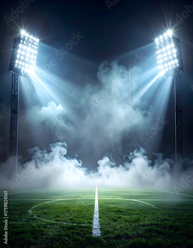 Stadium lights illuminating a foggy field at night