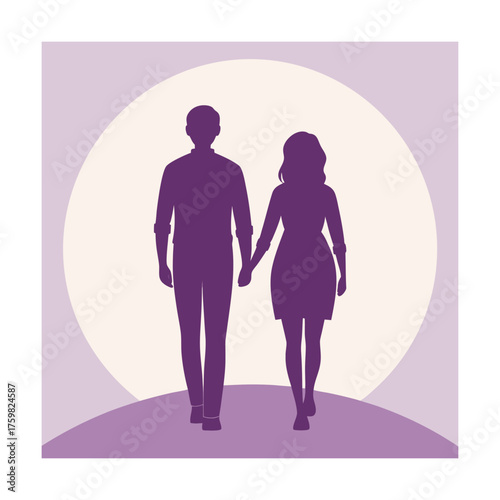Silhouette of a couple holding hands walking towards the viewer against a large pale circle