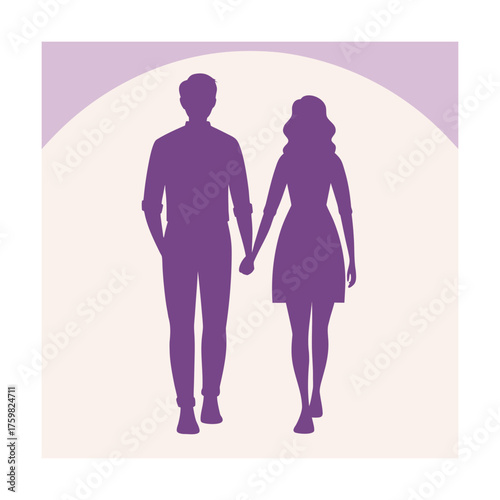 Silhouette of a couple holding hands walking towards the viewer with a purple arc