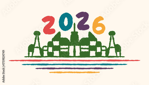 Festive 2026 new year with city skyline and modern architecture building illustration