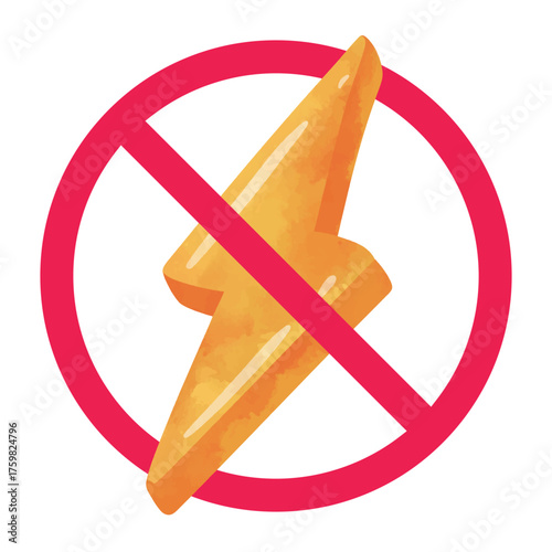 No lightning sign, forbidden lightning bolt sign, electric prohibited symbol, flash power thunder prohibition sign, red crossed circle symbol, vector illustration