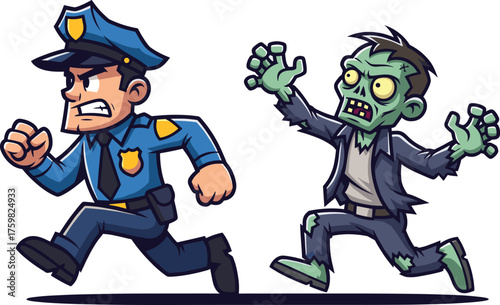 Cartoon zombie chasing police officer, horror action scene, Halloween monster vector, scary undead character, humorous illustration, dynamic running pose, isolated design