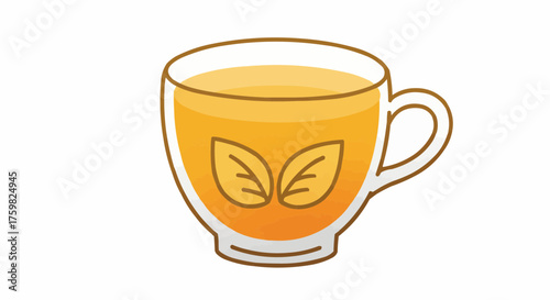 Illustration of a clear glass cup filled with orange liquid and two leaves on the front side