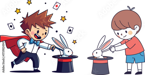 Cartoon children performing magic tricks with rabbits, magician hats, playful expressions, vector illustration for fantasy, entertainment, childhood, creativity and design