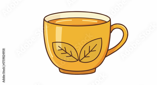 A yellow teacup filled with tea featuring leaf designs on the side against a white background