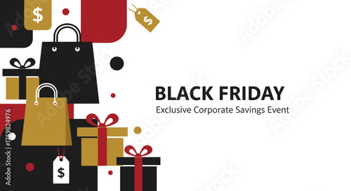 Black Friday sale banner corporate savings event graphic with gifts and shopping bags