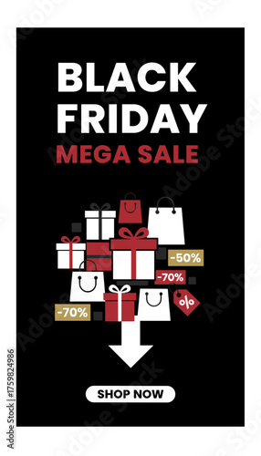 Black Friday Mega Sale banner with shopping bags gift boxes discount tags and shop now button