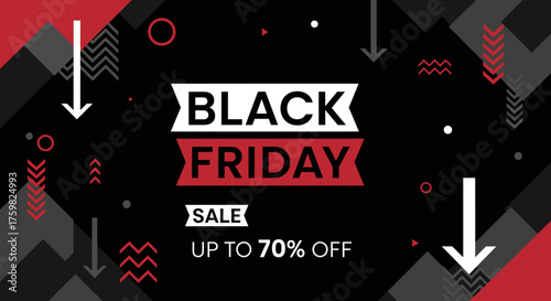 Black Friday Sale banner up to 70 off Dynamic geometric design for holiday shopping promotion