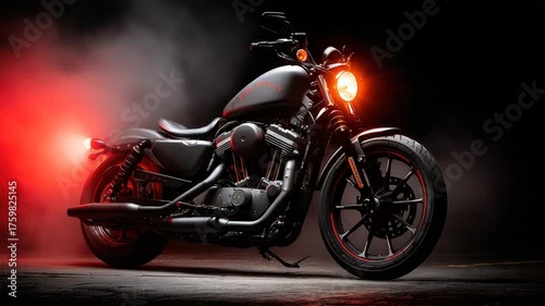 A low-lit, matte black motorcycle, with glowing lights and red accents against a dark background