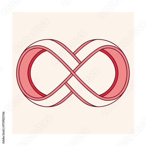 Stylized infinity symbol with red and white layered bands on a cream background loop