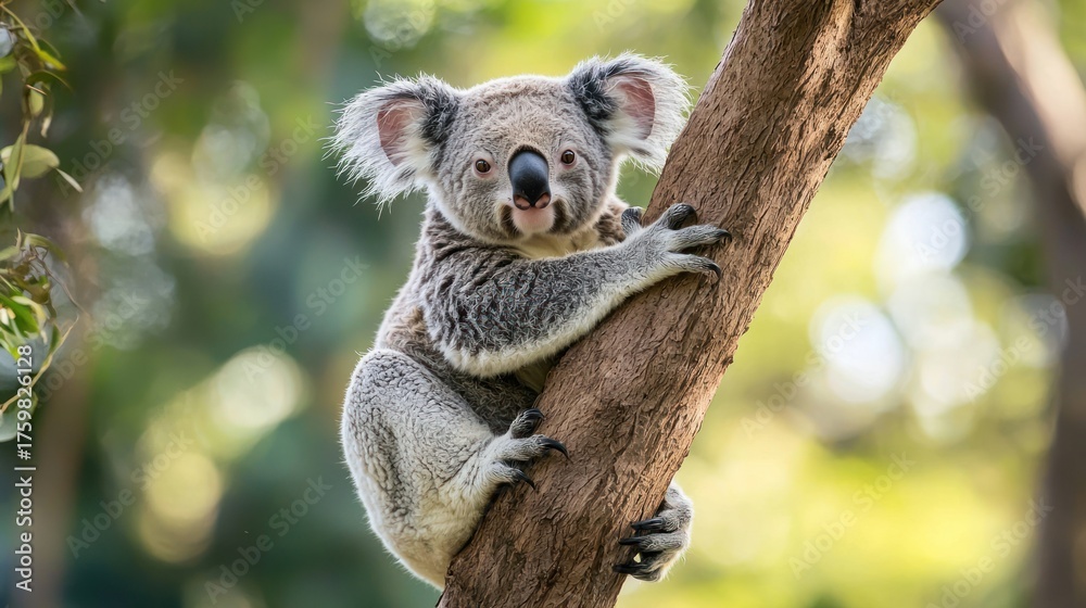Fototapeta premium A koala bear sitting on a tree branch with its arms wrapped around the trunk.