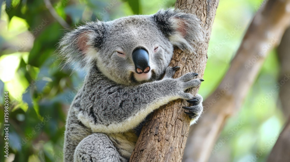 Fototapeta premium A koala bear sleeping on a tree branch in a forest.