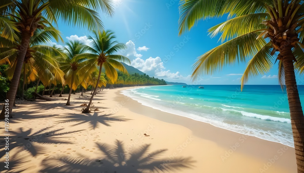 Obraz premium Tropical Paradise: Palm-Lined Beach with Turquoise Waters and Mountain Backdrop