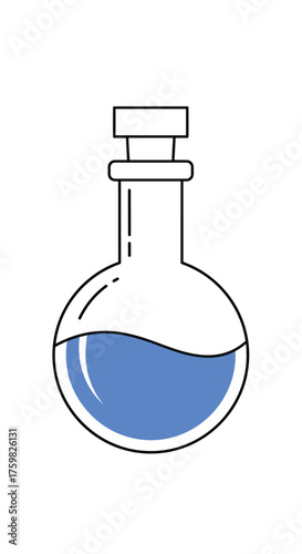 A simple illustration of a round bottom flask containing blue liquid with a white stopper.
