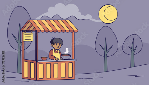 colorfull scene Young boy selling boiled eggs on a small roadside stall in cold winter night, steam rising from pot, dim yellow bulb light, fog in the background, cozy desi street vibe.