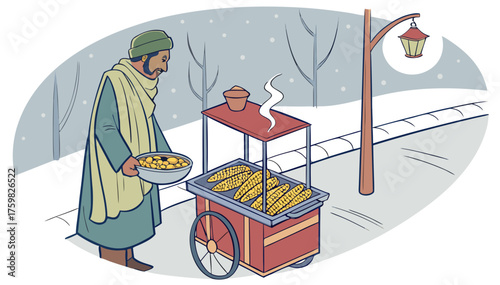 Pathan man selling roasted corn and peanuts from a small hand-pulled cart on a cold winter evening in Pakistan, wearing traditional shawl and cap, steam rising from hot roasted corn, top-angle view sh