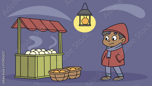colorfull scene Young boy selling boiled eggs on a small roadside stall in cold winter night, steam rising from pot, dim yellow bulb light, fog in the background, cozy desi street vibe.