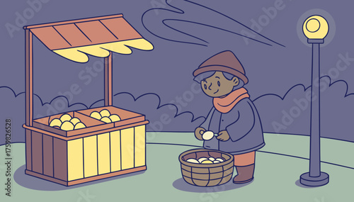 colorfull scene Young boy selling boiled eggs on a small roadside stall in cold winter night, steam rising from pot, dim yellow bulb light, fog in the background, cozy desi street vibe.