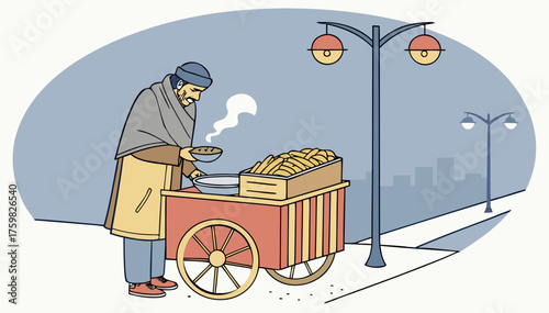 Pathan man selling roasted corn and peanuts from a small hand-pulled cart on a cold winter evening in Pakistan, wearing traditional shawl and cap, steam rising from hot roasted corn, top-angle view sh