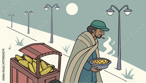 Pathan man selling roasted corn and peanuts from a small hand-pulled cart on a cold winter evening in Pakistan, wearing traditional shawl and cap, steam rising from hot roasted corn, top-angle view sh