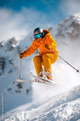 skier jumping in the snow mountains on the slope with his ski and professional equipment on a sunny day