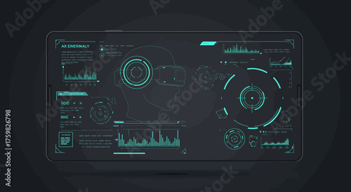 Futuristic digital interface screen displaying complex data and information.