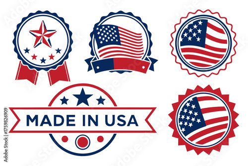 Vintage American flag badge, Made in USA labels, Stars and Stripes emblem, national industry stamp, patriotic day vector.
